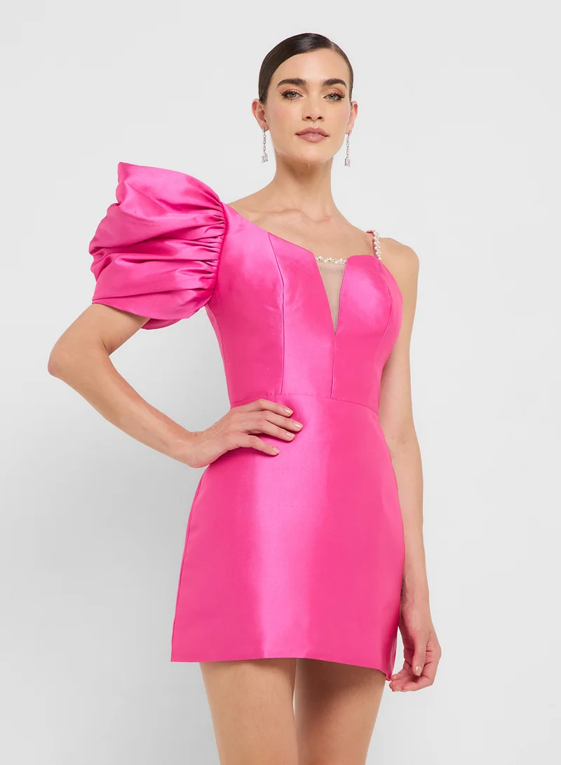 Éclat Luxe Assymetric Shoulder Puff Sleeves Shift Dress