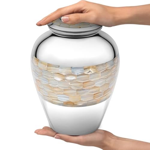 Simcs Handicrafts Brass Mother of Pearl Large Cremation Urns for Human Ashes Adult Size Male Female Funeral Memorial Urns for Mom Dad Son Men Women with Secured Lid Silver Finish 9" Inch 210 lbs with Velvet Bag - Image 5