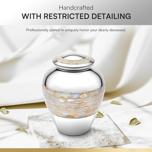 Simcs Handicrafts Brass Mother of Pearl Large Cremation Urns for Human Ashes Adult Size Male Female Funeral Memorial Urns for Mom Dad Son Men Women with Secured Lid Silver Finish 9" Inch 210 lbs with Velvet Bag - Image 2