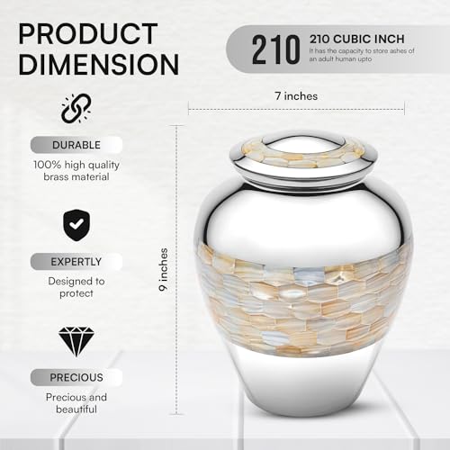 Simcs Handicrafts Brass Mother of Pearl Large Cremation Urns for Human Ashes Adult Size Male Female Funeral Memorial Urns for Mom Dad Son Men Women with Secured Lid Silver Finish 9" Inch 210 lbs with Velvet Bag - Image 4