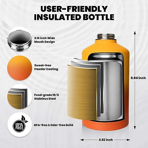 RAYMYLO Insulated Water Bottle 64 oz, Triple Wall Vacuum Stainless Steel (Cold for 48 Hrs), Leak Proof & Non-BPA, Half Gallon Water Flask Jug with Paracord Handle & Straw Spout Lids, Ombre Orange - Image 5