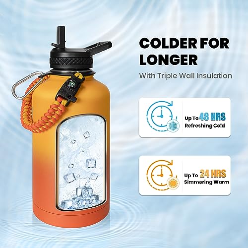 RAYMYLO Insulated Water Bottle 64 oz, Triple Wall Vacuum Stainless Steel (Cold for 48 Hrs), Leak Proof & Non-BPA, Half Gallon Water Flask Jug with Paracord Handle & Straw Spout Lids, Ombre Orange - Image 2