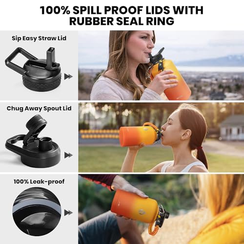 RAYMYLO Insulated Water Bottle 64 oz, Triple Wall Vacuum Stainless Steel (Cold for 48 Hrs), Leak Proof & Non-BPA, Half Gallon Water Flask Jug with Paracord Handle & Straw Spout Lids, Ombre Orange - Image 3