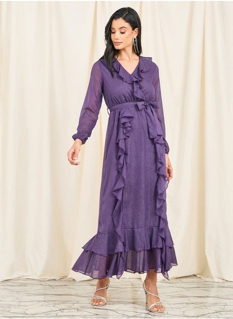 Shimmer Ruffle Detail Self Tie Up Maxi Dress