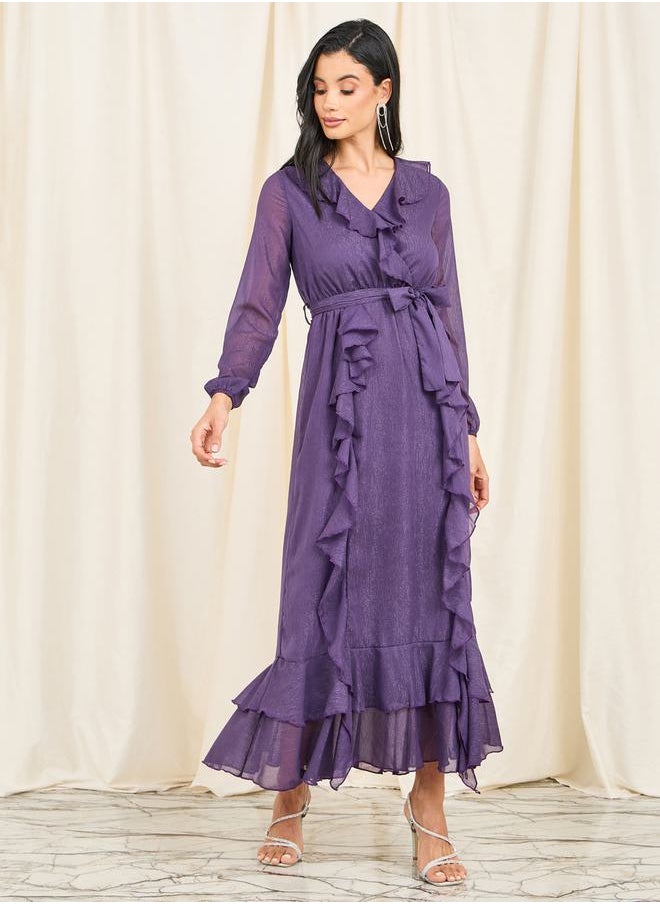 Styli - Shimmer Ruffle Detail Self Tie Up Maxi Dress - Image 1