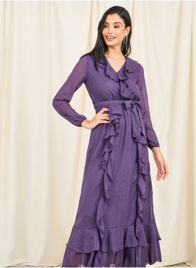Styli - Shimmer Ruffle Detail Self Tie Up Maxi Dress - Image 1
