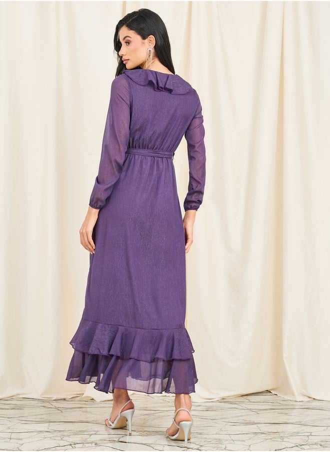 Styli - Shimmer Ruffle Detail Self Tie Up Maxi Dress - Image 1