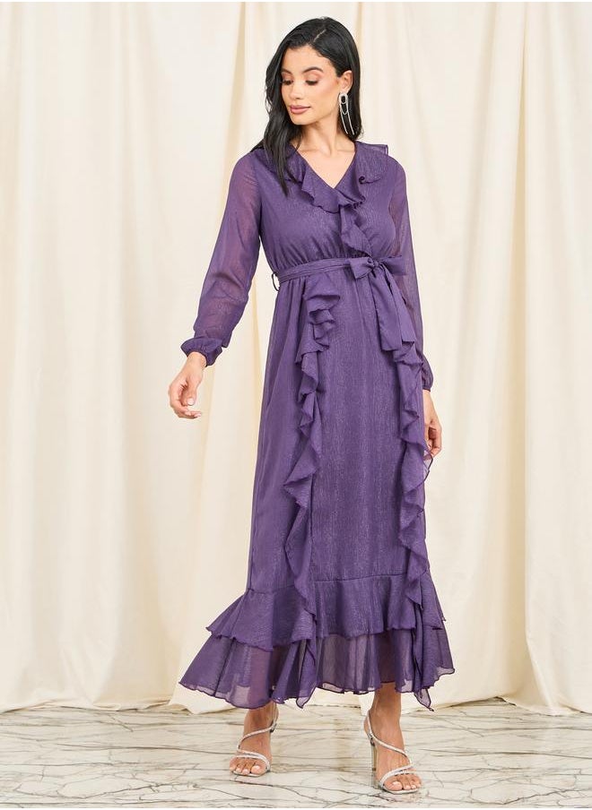 Styli Styli Shimmer Ruffle Detail Self Tie Up Maxi Dress  - Image 1