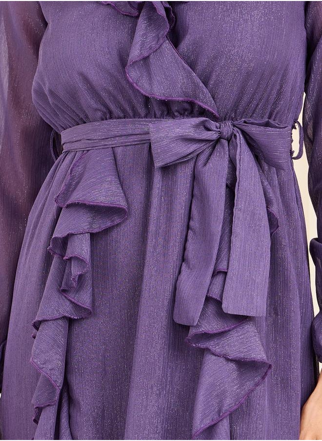 Styli Styli Shimmer Ruffle Detail Self Tie Up Maxi Dress  - Image 3