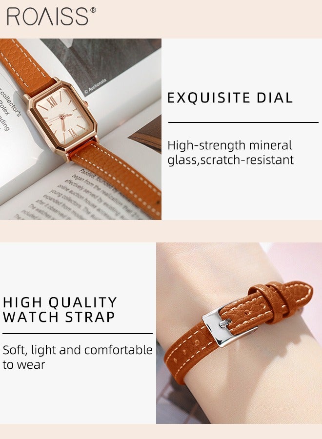 roaiss Women's Leather Strap Quartz Watch, Analog Display Rectangle Dial, Waterproof Fashionable Simple Wristwatch as Gift for Ladies, Light Brown - Image 2