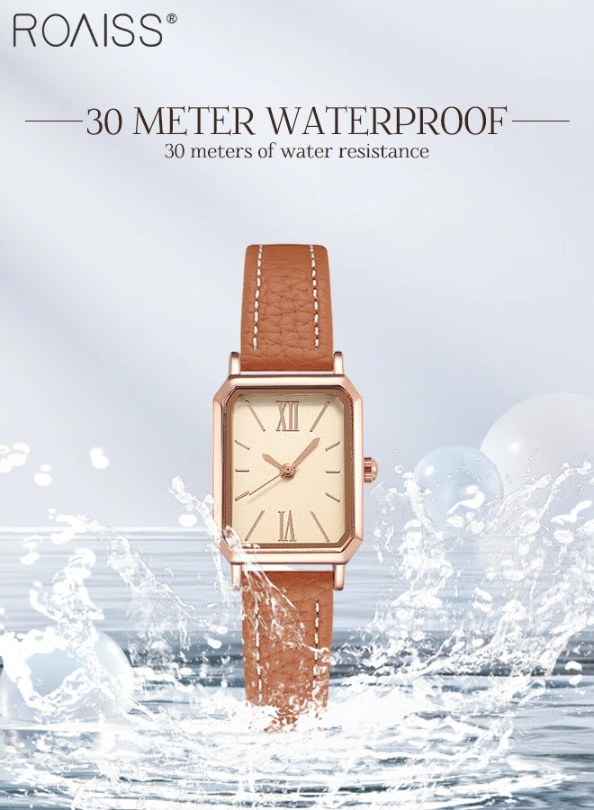 roaiss Women's Leather Strap Quartz Watch, Analog Display Rectangle Dial, Waterproof Fashionable Simple Wristwatch as Gift for Ladies, Light Brown - Image 3