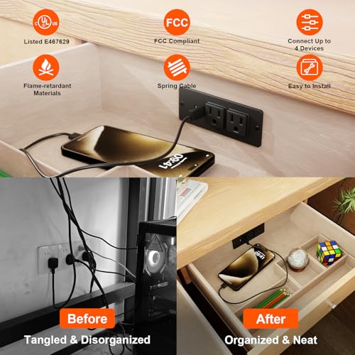 OELFFOW Drawer Outlet Kit, Recessed Furniture Power Strip - Clutter-Free Drawer Socket with USB-A, USB-C & (2) 12 amp AC Ports, 6.9FT Power Cord, Spring Cable, Clips and Screws Included, UL Listed - Image 5