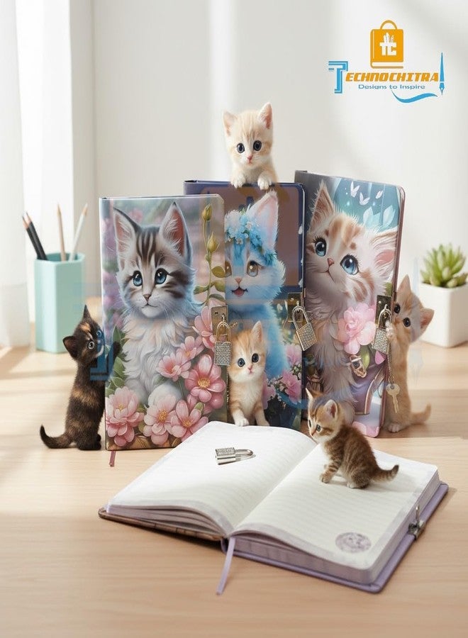 TECHNOCHITRA Adorable Kitty Printed Lock & Key Diary | Secret Writing Journal | Aesthetic Stationery Gift Set for Kids, Teens & Women | Password Lock Style Notebook - Image 5