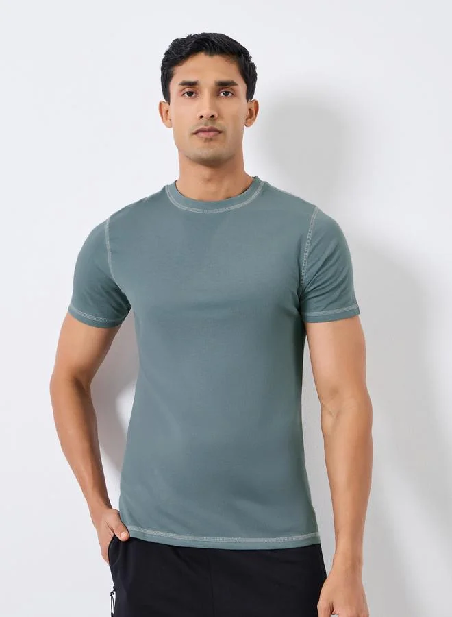 Styli Men Grey Contrast Stitch Crew Neck T-Shirt