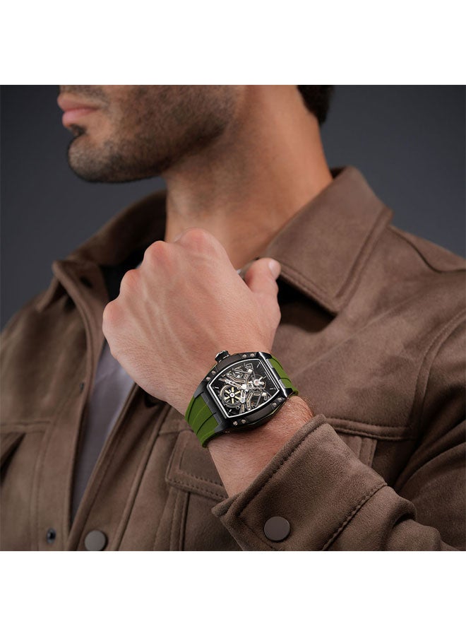 POLICE Men Tampa Black Dial Olive Green Silicone Strap Automatic Watch - 42mm - Image 4