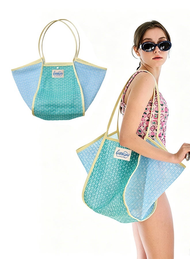 guangmu Summer Mesh Beach Tote Bag, Large Capacity Color Block Woven Shoulder Handbag for Vacation Shopping Pool Travel - Image 1