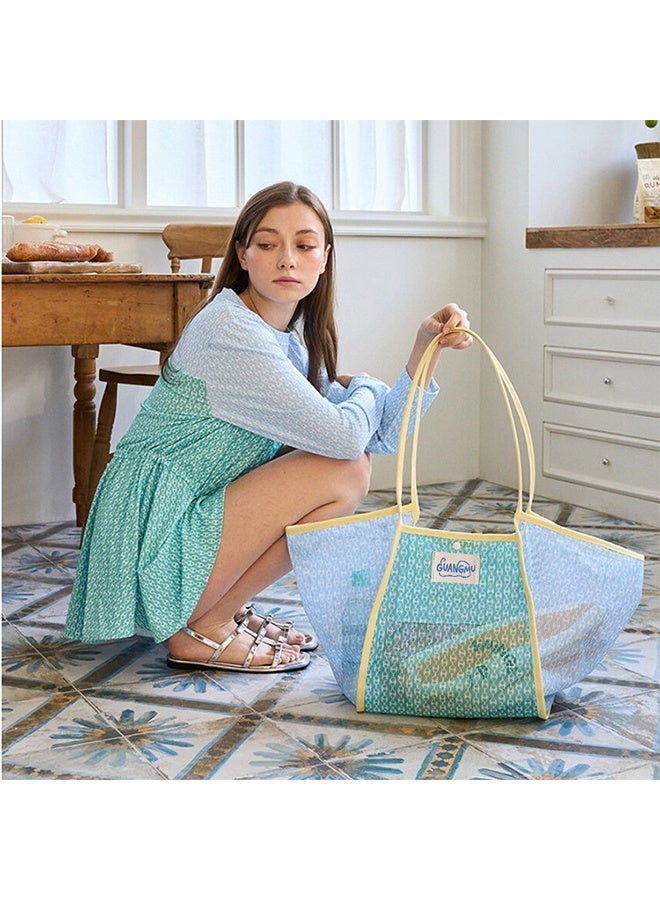 guangmu Summer Mesh Beach Tote Bag, Large Capacity Color Block Woven Shoulder Handbag for Vacation Shopping Pool Travel - Image 3