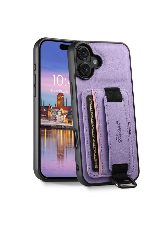 Suteni Case For iPhone 16 Plus H13 Litchi Leather Wrist Strap Wallet Back Phone Case - Image 1