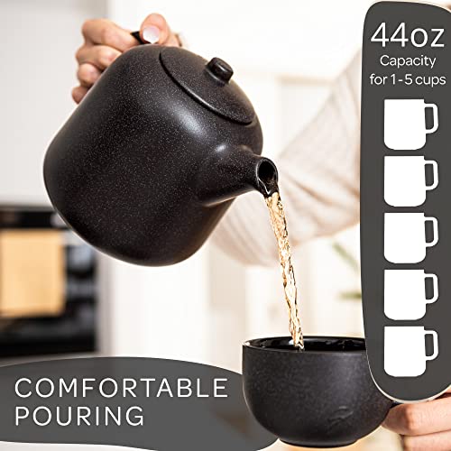 Steinzeit Design Tea Pot with Warmer (44 oz) - Premium Ceramic Teapot with Infuser for Loose Tea - Black Teapot Ceramic with Removable Steamer - Image 4