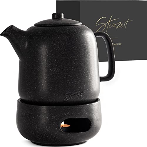 Steinzeit Design Tea Pot with Warmer (44 oz) - Premium Ceramic Teapot with Infuser for Loose Tea - Black Teapot Ceramic with Removable Steamer - Image 1