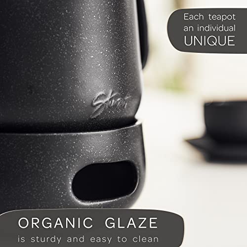 Steinzeit Design Tea Pot with Warmer (44 oz) - Premium Ceramic Teapot with Infuser for Loose Tea - Black Teapot Ceramic with Removable Steamer - Image 5