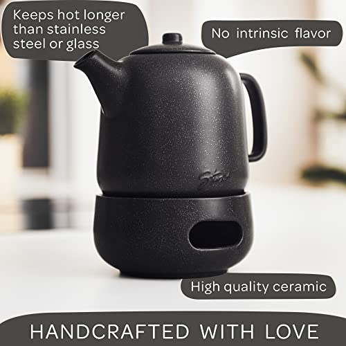 Steinzeit Design Tea Pot with Warmer (44 oz) - Premium Ceramic Teapot with Infuser for Loose Tea - Black Teapot Ceramic with Removable Steamer - Image 2