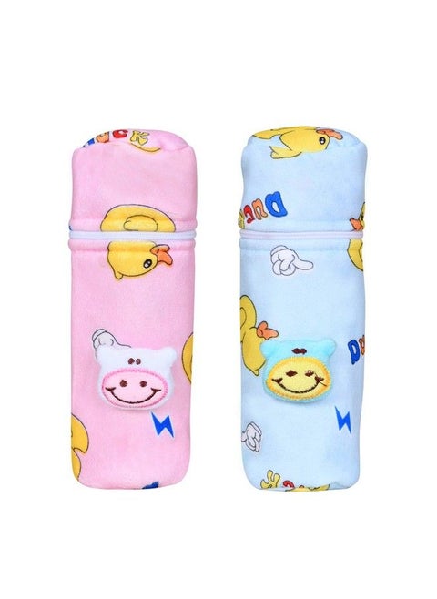 Soft Plush Stretchable Baby Feeding Bottle Cover With Easy To Hold Strap ; Cute Animated Overall Print Pack Of 2 (Pink & Blue Zip Closure 240Ml 8Oz)