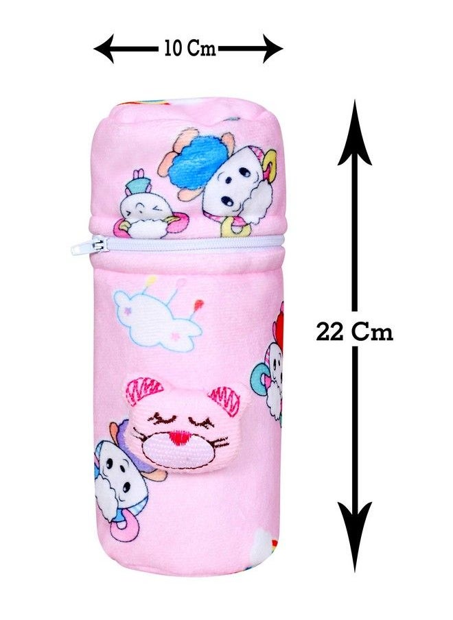 The Little Lookers Soft Plush Stretchable Baby Feeding Bottle Cover With Easy To Hold Strap ; Cute Animated Overall Print Pack Of 2 (Pink & Blue Zip Closure 240Ml 8Oz)  - Image 4