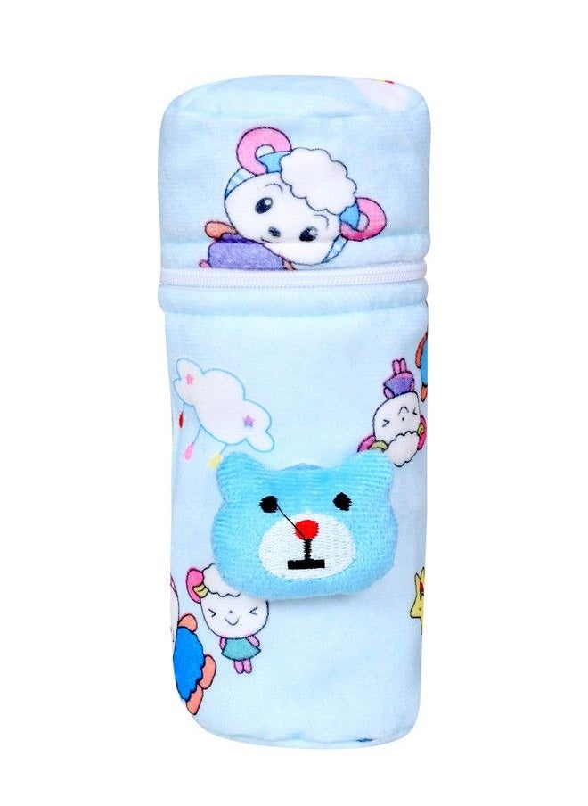 The Little Lookers Soft Plush Stretchable Baby Feeding Bottle Cover With Easy To Hold Strap ; Cute Animated Overall Print Pack Of 2 (Pink & Blue Zip Closure 240Ml 8Oz)  - Image 5