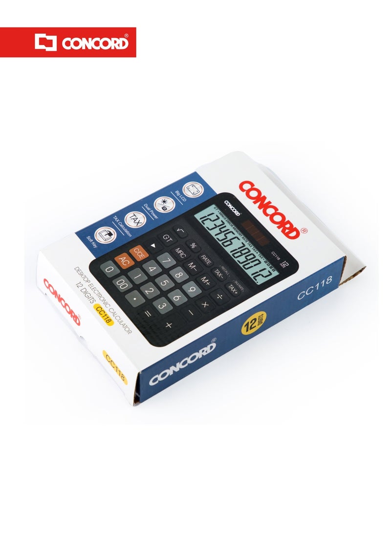 كونكورد آلة حاسبة مكتبية CC118، شاشة LCD كبيرة بـ12 رقمًا، طاقة مزدوجة ووظائف ضريبية - Image 3