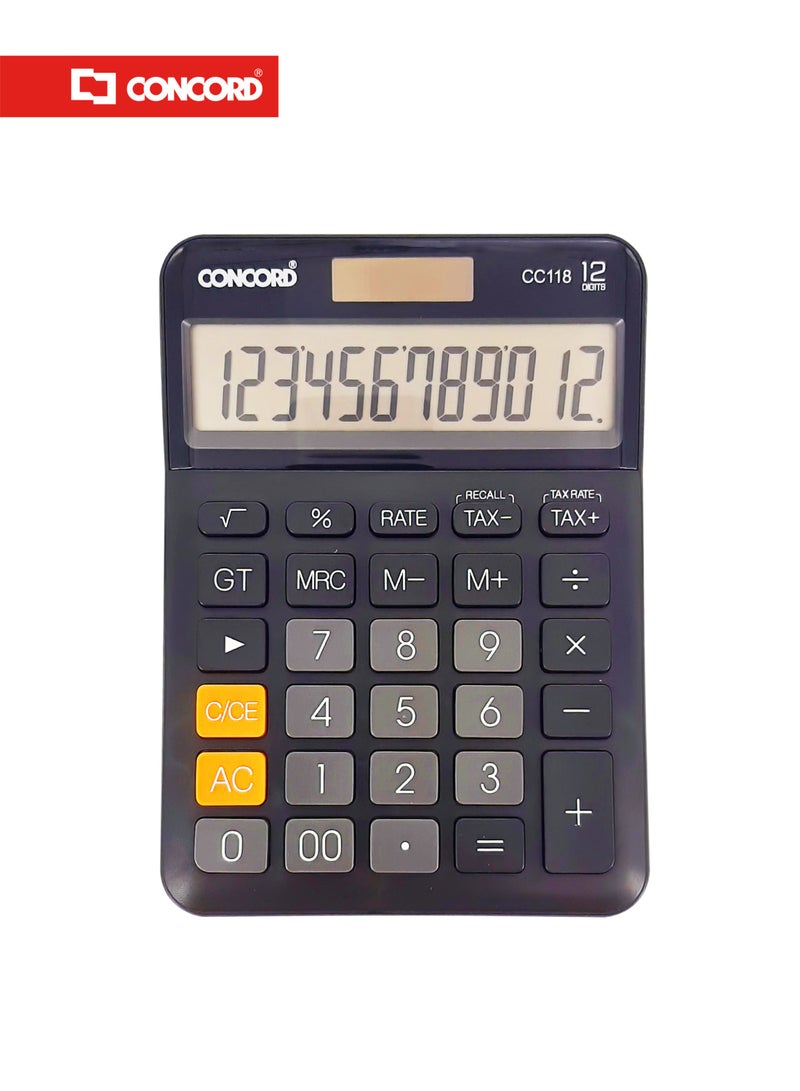 كونكورد آلة حاسبة مكتبية CC118، شاشة LCD كبيرة بـ12 رقمًا، طاقة مزدوجة ووظائف ضريبية - Image 1