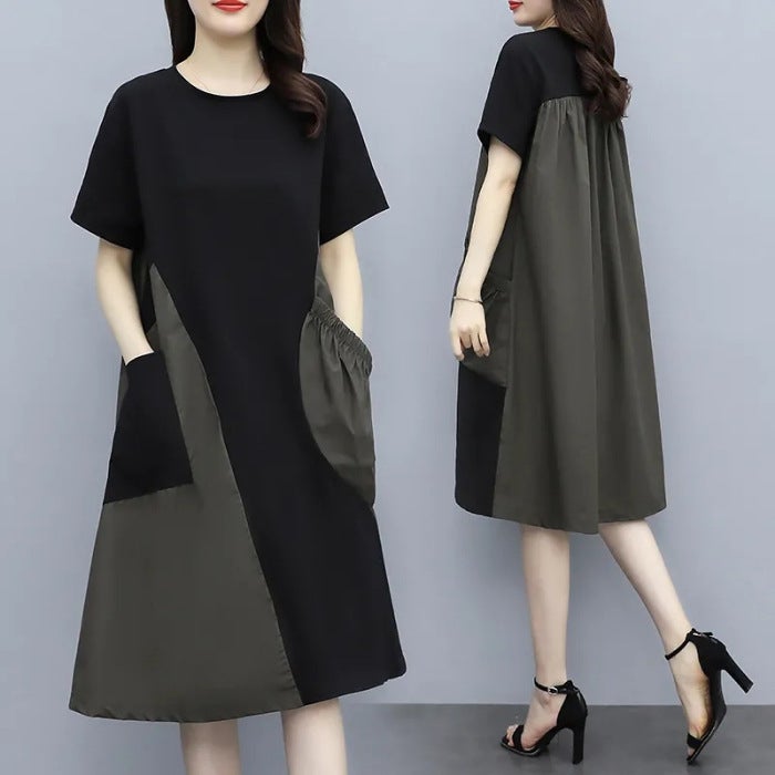 Summer New Contrast Color Stitching Short-sleeved Dress Korean Style Large Size Loose Stylish Age-reducing Belly Covering Pocket Dress for Children Green - Image 1