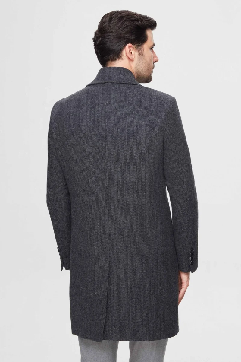 D'S DAMAT Regular Fit Gray Herringbone Double Breasted Coat 3HF0832200151