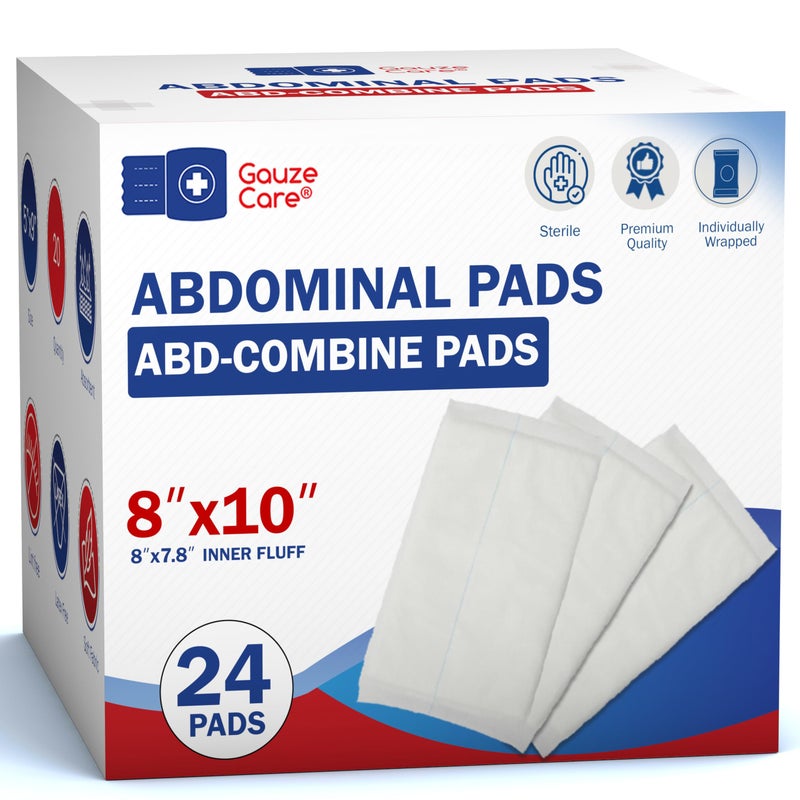 Gauze Care ضمادات غاز كير المعقمة للبطن - عبوة مكونة من 24 قطعة، 8x10 بوصة، فائقة الامتصاص وسميكة، مغلفة بشكل فردي، ضمادات جروح، ضمادات الإسعافات الأولية، من الدرجة الجراحية، غير لاصقة - للتسرب الشديد، بعد العمليات الجراحية - Image 1