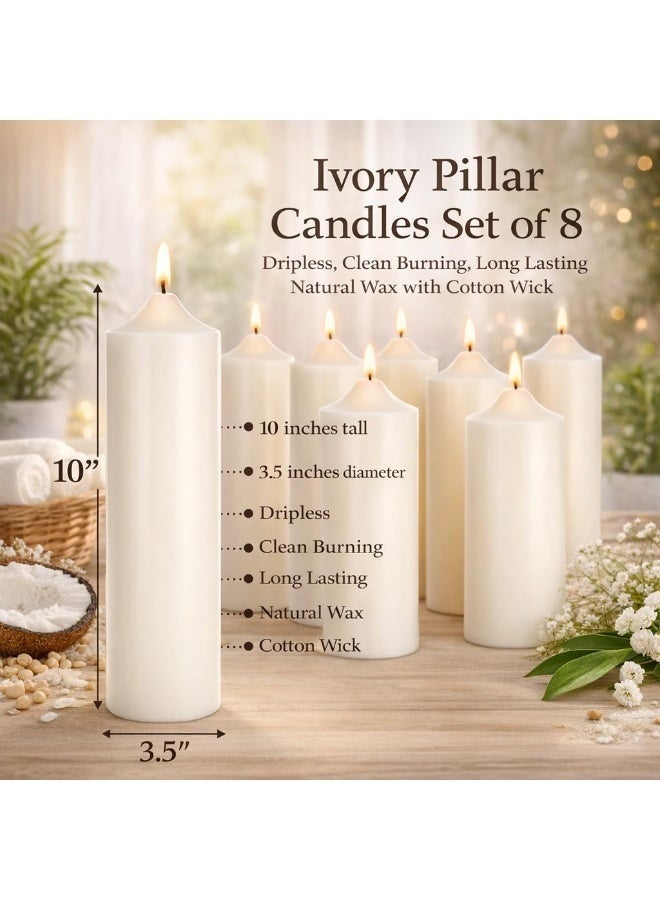 Ivory White Pillar Candles Set of 8, 10 Inch Tall Decorative Candles, Long Lasting Dripless Clean Burning Candles for Wedding Decor, Home Decoration, Romantic Dinner, Spa, Bedroom, Bathroom & Living Room - Image 3