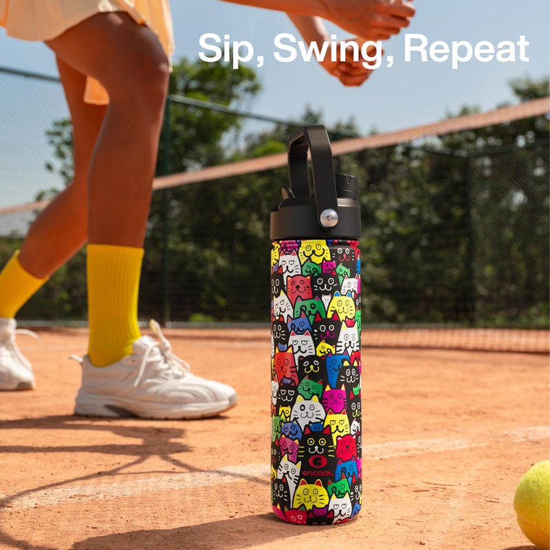 ENCOOL Insulated Water Bottle with Straw Stainless Steel Water Bottle, Leak-Proof, BPA-Free, Double Wall Vacuum Keeps Cold for 24 Hours for Sports, Travel, School (26 oz, Cat Pattern) - Image 5