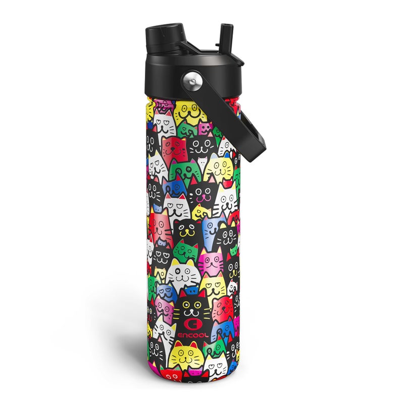 ENCOOL Insulated Water Bottle with Straw Stainless Steel Water Bottle, Leak-Proof, BPA-Free, Double Wall Vacuum Keeps Cold for 24 Hours for Sports, Travel, School (26 oz, Cat Pattern) - Image 1