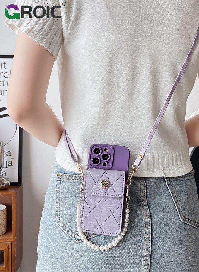 Compatible for iPhone 15 Pro Max 6.7 Inch Case with Credit Card Holder Crossbody Wallet, Leather Luxury Flip Protective Phone Case with Card Holder, Removable Fashionable Shoulder & Wristlet Strap