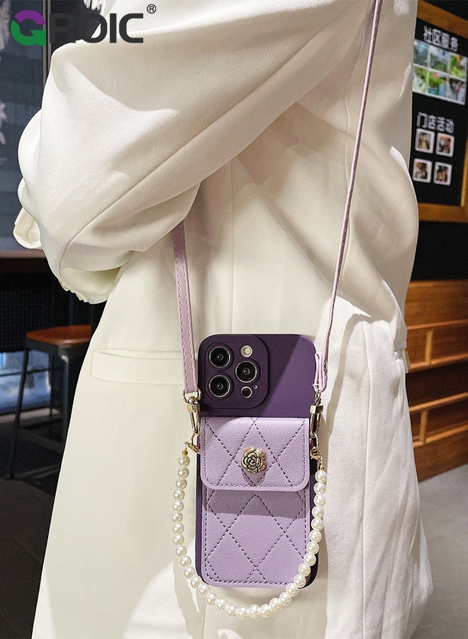 Compatible for iPhone 15 Pro Max 6.7 Inch Case with Credit Card Holder Crossbody Wallet, Leather Luxury Flip Protective Phone Case with Card Holder, Removable Fashionable Shoulder & Wristlet Strap