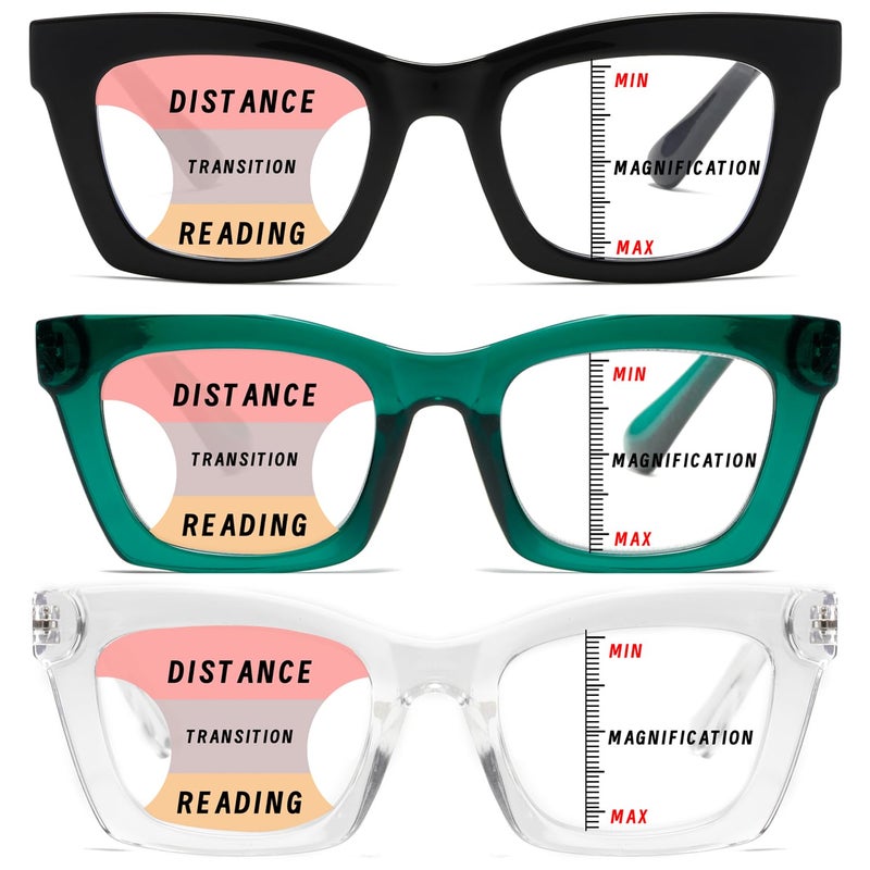 Hubeye 3 Pack Progressive Multifocus Reading Glasses for Women Blue Light Blocking Oprah Style Square Reader Spring Hinge 20