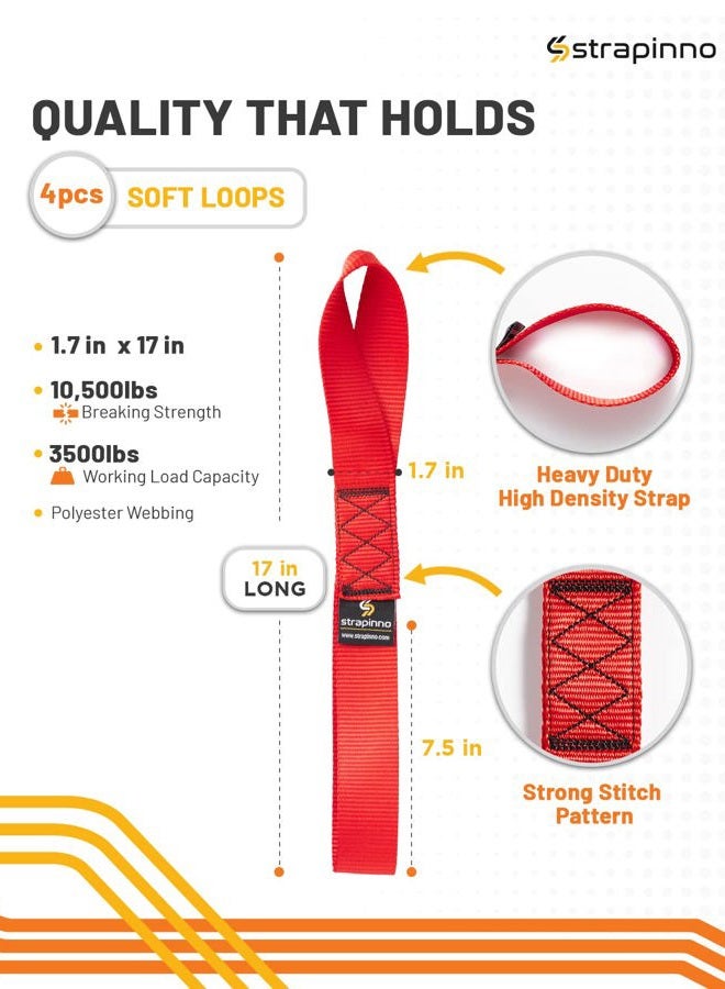 Strapinno 4pcs. Soft Loop Tie-Down Straps -1.7 in x 17 in Straps with 10,500lbs Breaking Strength and 3,500lbs Working Load Limit Each, Ideal for Securing ATV, UTV, Vehicles, and Other Equipment(Red) - Image 2