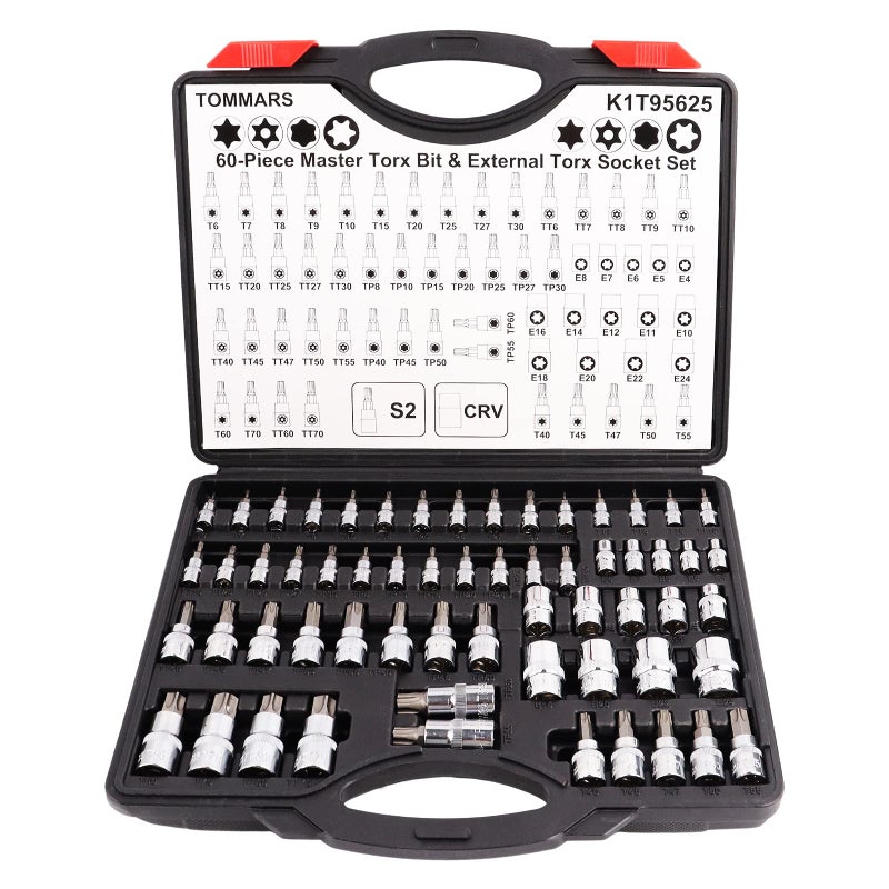 TOMMARS 60-Pc Master Torx Bit Socket and External Socket Set 1/4", 3/8", 1/2" Drive, S2 Steel Bits, CRV Sockets E4-E24, T6-T70,TT6-TT70,TP8-TP60 - Image 1
