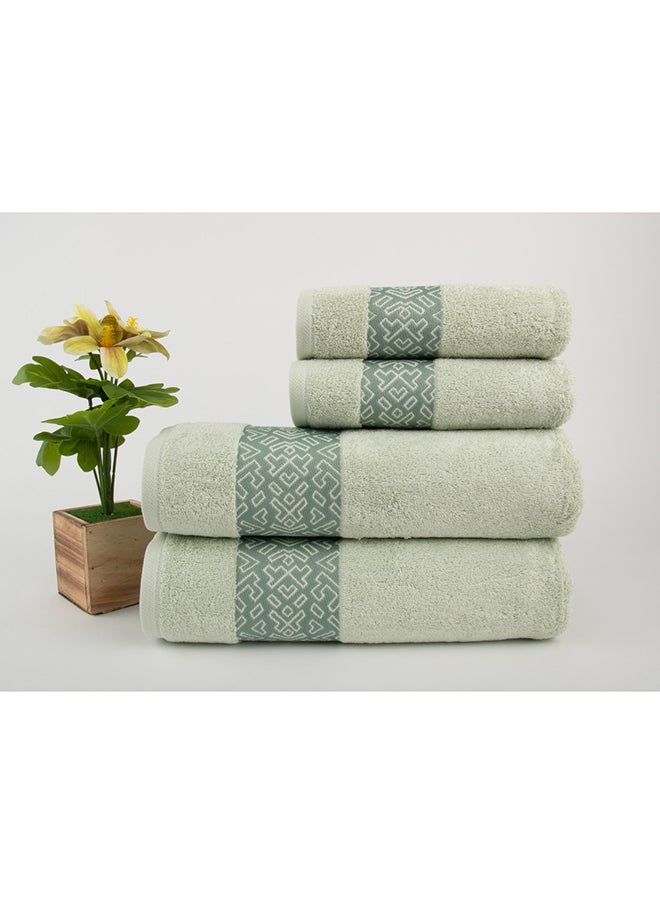 White Rose Towel 4 Piece Bathroom  Set - BLOCKS - 500 GSM - 100% Cotton Terry - Jacquard Border- 2 Bath  70X140 cm & 2 Hand  50x90 cm- Luxury Touch - Extra Absorbent-Tea Green 