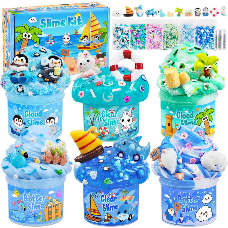LAWOHO 6 Pack Blue Ocean Slime, Clear Butter Cloud Slime Kits for Girls Ages 8-12, Non-Stick Kids Slime Party Favor Toys with Add-Ins, Birthday Goodie Bag Stuffers Easter Valentines Day Gifts for Kids - Image 1