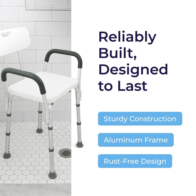 Drive Medical Shower Chair with Back & Padded Arms - Adjustable Height Bath Seat for Safety & Comfort - Lightweight Aluminum Construction- 350 Lb Capacity - White - Image 5
