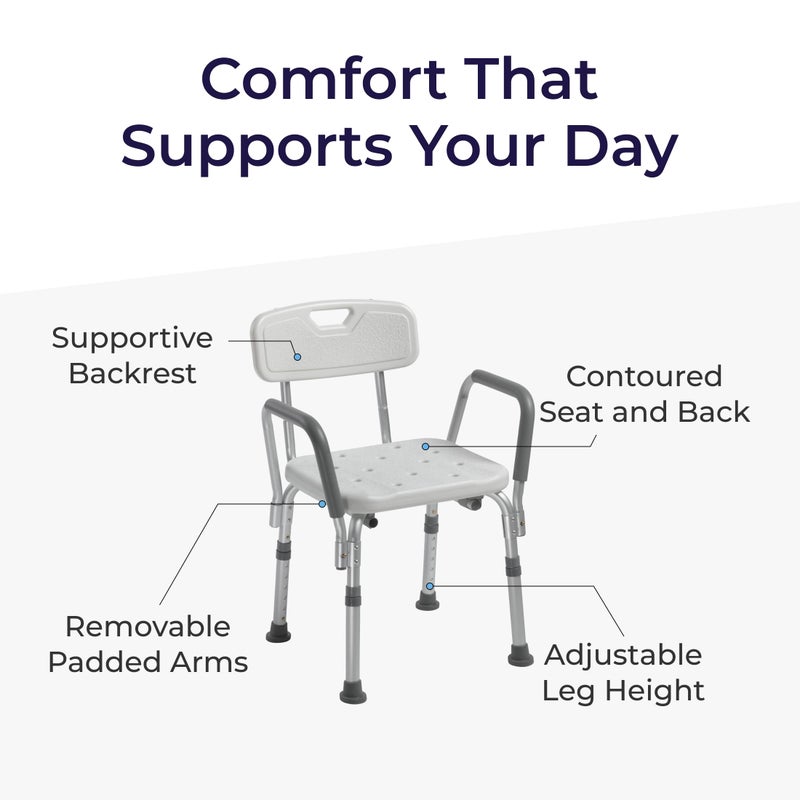 Drive Medical Shower Chair with Back & Padded Arms - Adjustable Height Bath Seat for Safety & Comfort - Lightweight Aluminum Construction- 350 Lb Capacity - White - Image 4