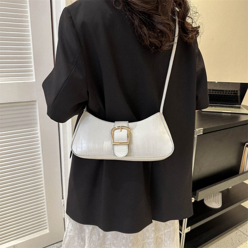Minimalist Croc Print Baguette Handbag Decorative Adjustable Metal Buckle Knotted Wide Shoulder Strap Wear Resistant Leather Look Fashion Shoulder Bag For College Leisure Business Events And Vintage Daily Wear - Image 1
