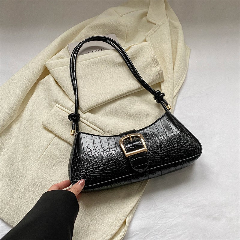 Minimalist Croc Print Baguette Handbag Decorative Adjustable Metal Buckle Knotted Wide Shoulder Strap Wear Resistant Leather Look Fashion Shoulder Bag For College Leisure Business Events And Vintage Daily Wear - Image 5
