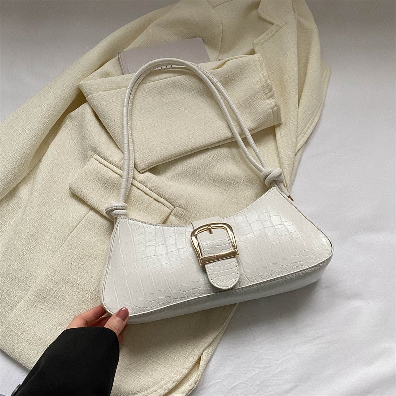 Minimalist Croc Print Baguette Handbag Decorative Adjustable Metal Buckle Knotted Wide Shoulder Strap Wear Resistant Leather Look Fashion Shoulder Bag For College Leisure Business Events And Vintage Daily Wear - Image 4