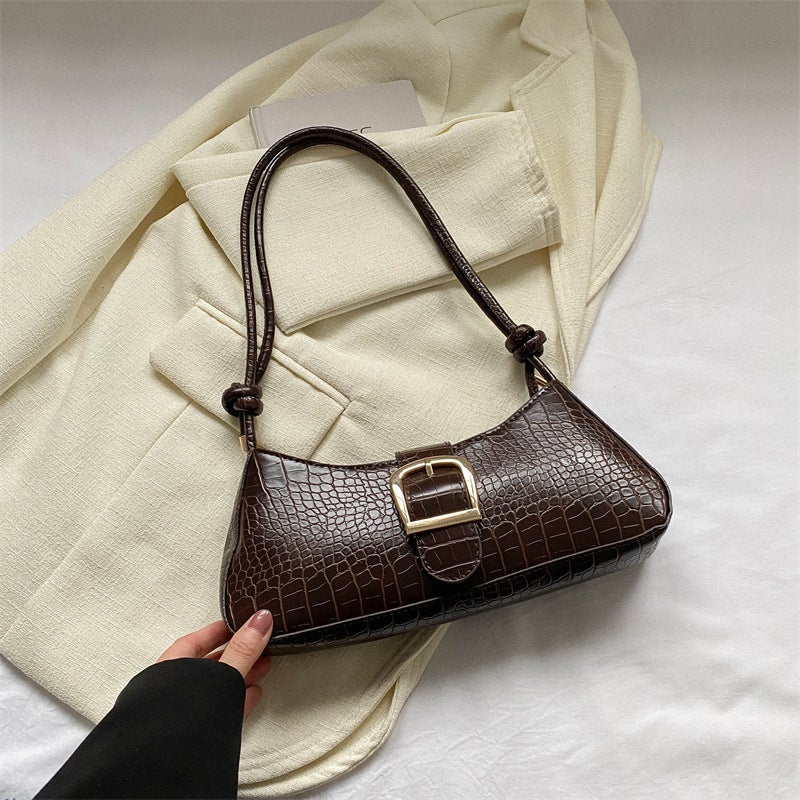 Minimalist Croc Print Baguette Handbag Decorative Adjustable Metal Buckle Knotted Wide Shoulder Strap Wear Resistant Leather Look Fashion Shoulder Bag For College Leisure Business Events And Vintage Daily Wear - Image 3